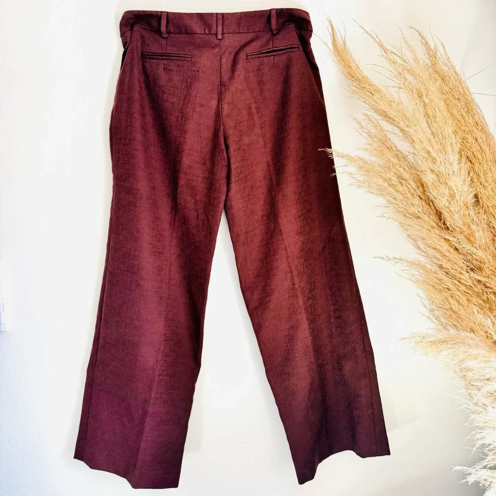 MILLY NEW YORK Mahogany Brown Mid Rise Wide Leg Textured Cotton Trousers Pants 4 - Picture 12 of 12